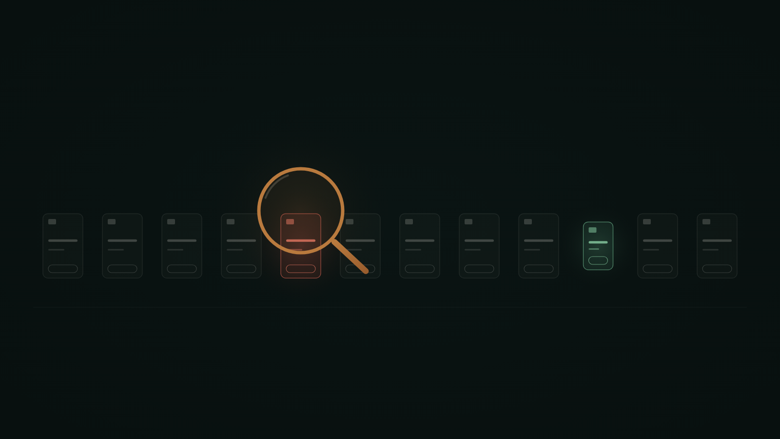 Editorial illustration of twelve payment transaction cards in a row, one highlighted in red as a false positive blocking a good customer, one small card highlighted in green that represents missed fraud, the rest neutral grey, with a magnifying glass icon hovering over the red card.